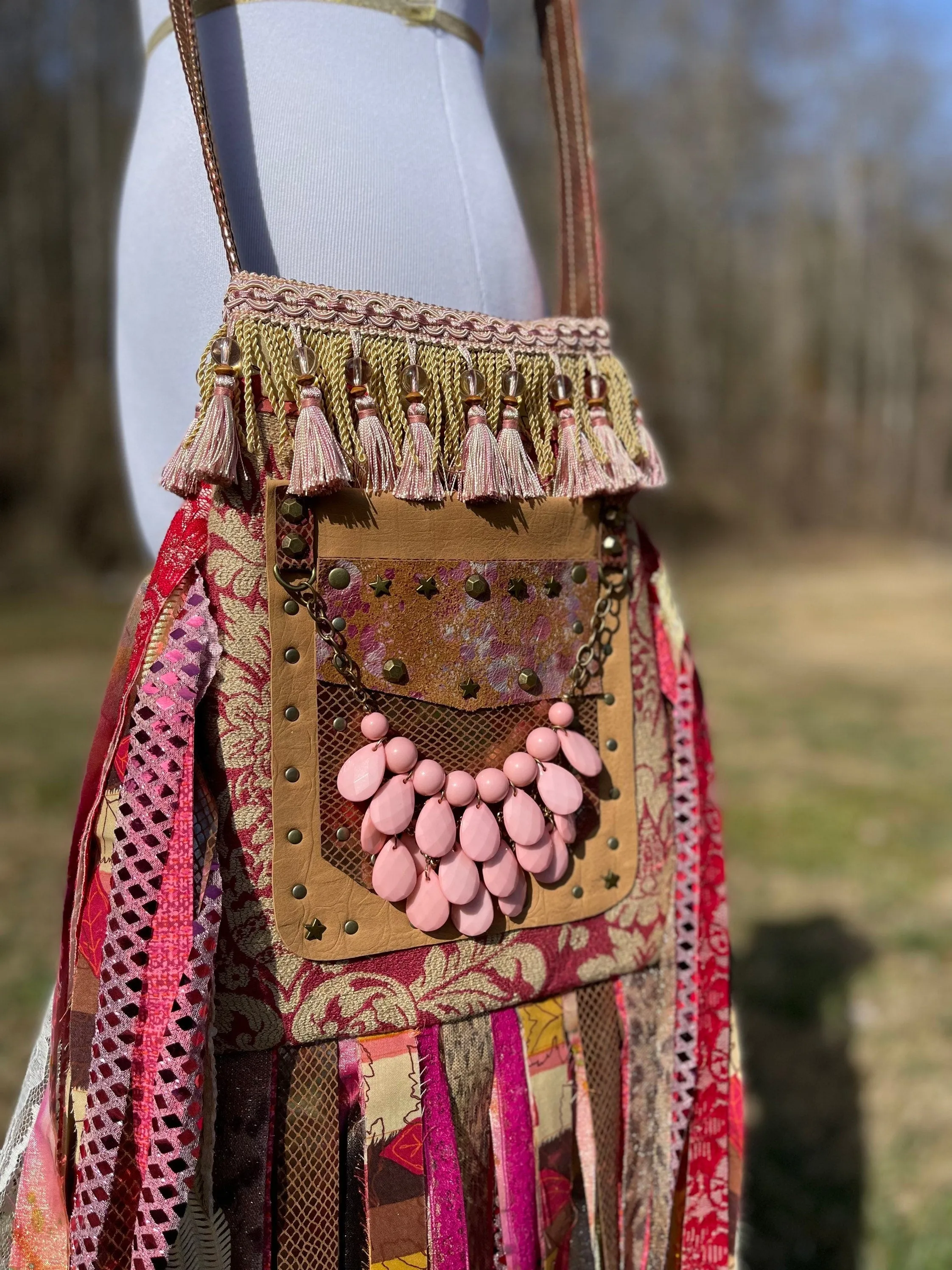 Pink Gold and Red Fringe Purse, Ultimate Boho Purse, Festival Fringe Bag, Hippie Handbag, Boho Chic Crossbody Messenger, Embellished purse