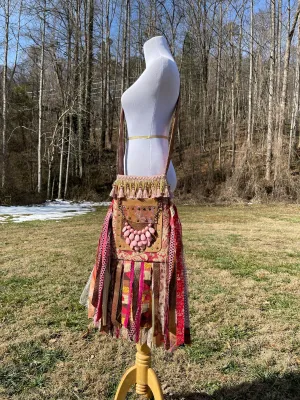 Pink Gold and Red Fringe Purse, Ultimate Boho Purse, Festival Fringe Bag, Hippie Handbag, Boho Chic Crossbody Messenger, Embellished purse