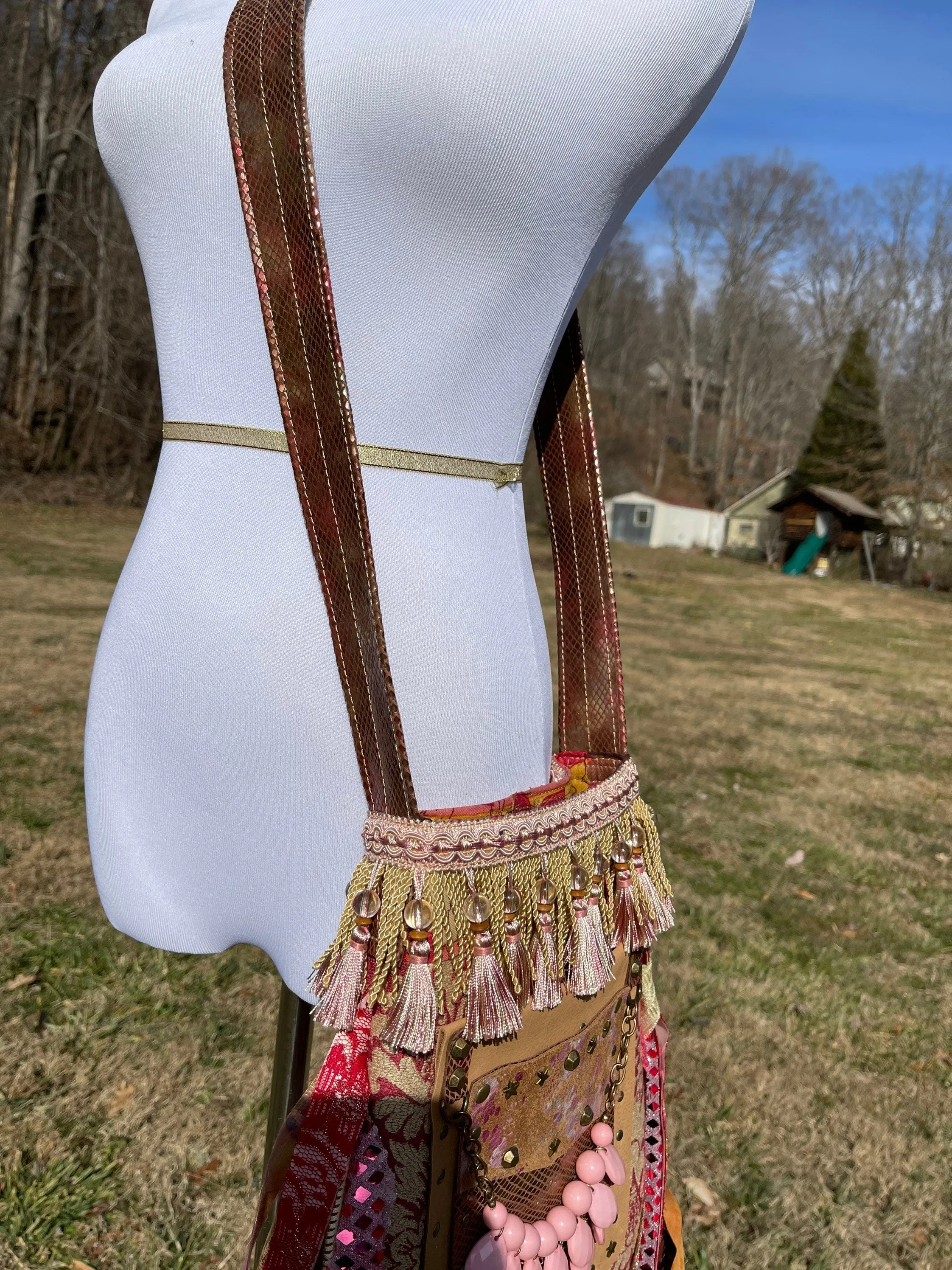 Pink Gold and Red Fringe Purse, Ultimate Boho Purse, Festival Fringe Bag, Hippie Handbag, Boho Chic Crossbody Messenger, Embellished purse