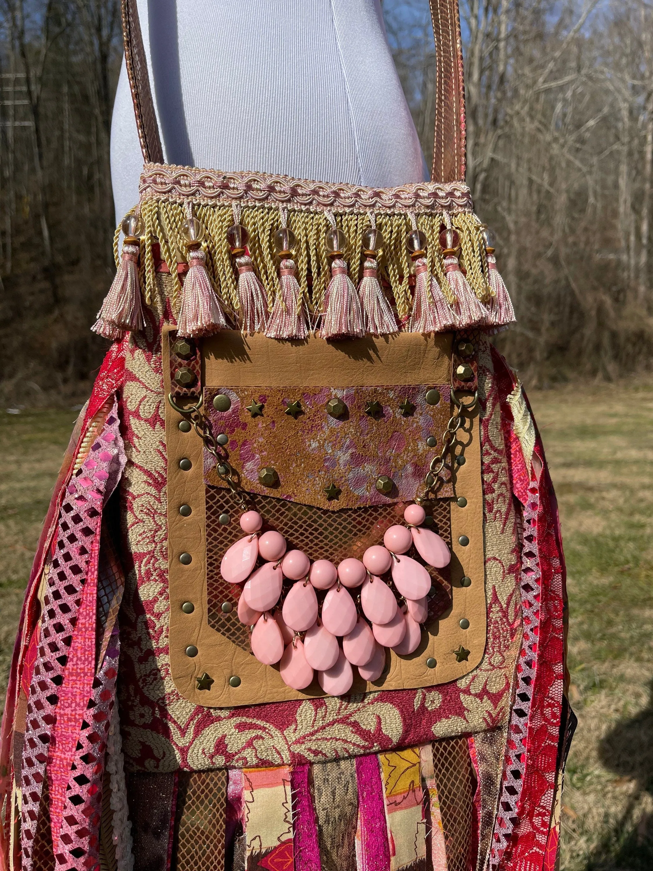 Pink Gold and Red Fringe Purse, Ultimate Boho Purse, Festival Fringe Bag, Hippie Handbag, Boho Chic Crossbody Messenger, Embellished purse