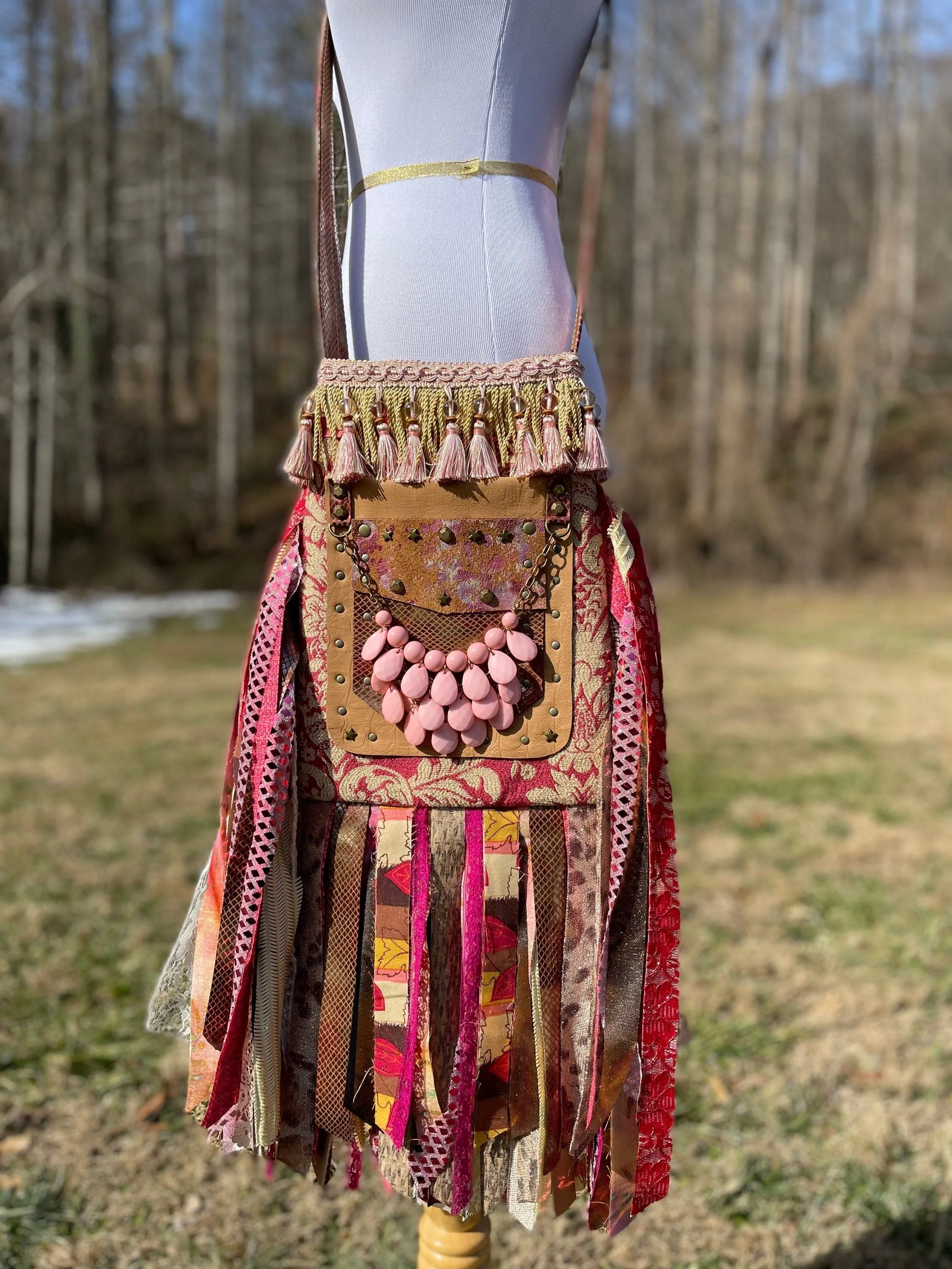 Pink Gold and Red Fringe Purse, Ultimate Boho Purse, Festival Fringe Bag, Hippie Handbag, Boho Chic Crossbody Messenger, Embellished purse