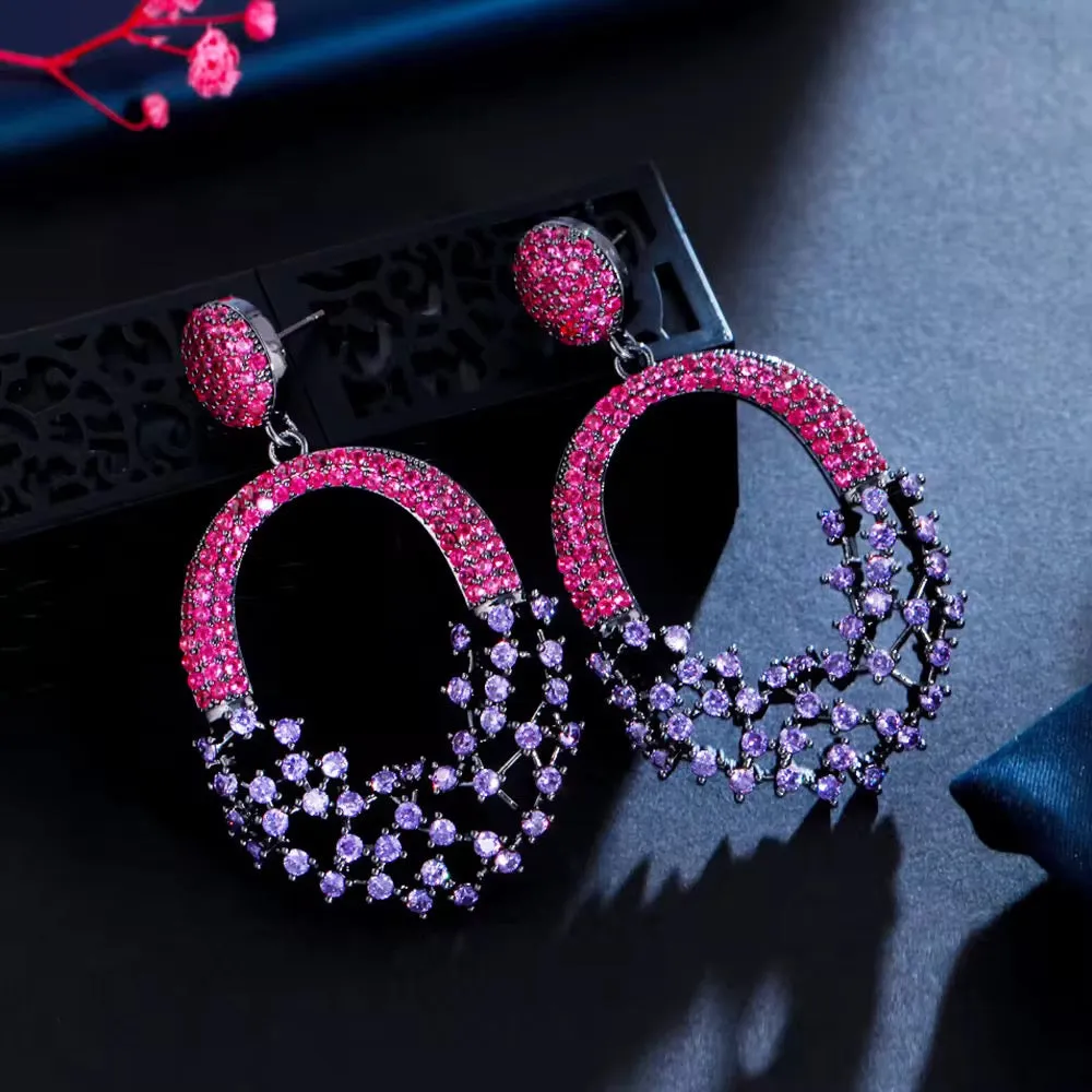 Purple Red Cubic Zirconia Crystal Big Dangle Earrings For Women/Girls