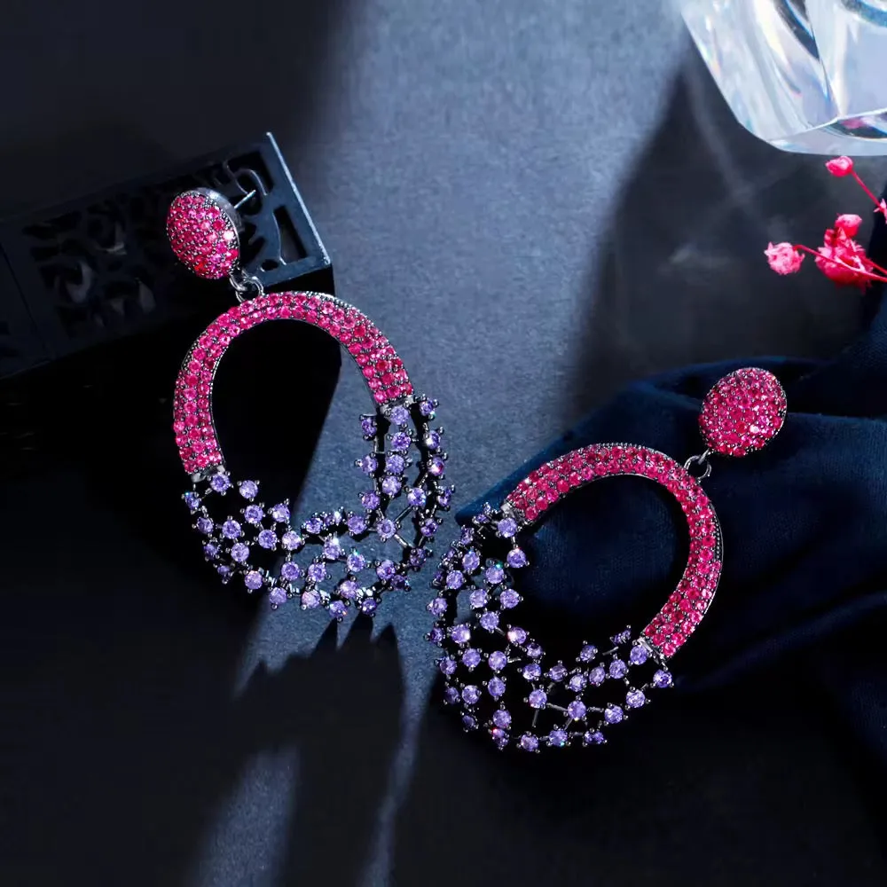 Purple Red Cubic Zirconia Crystal Big Dangle Earrings For Women/Girls