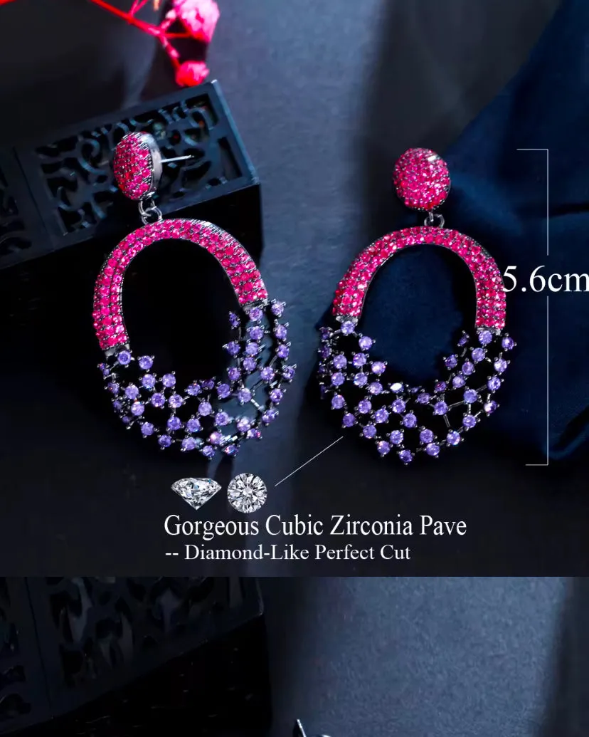 Purple Red Cubic Zirconia Crystal Big Dangle Earrings For Women/Girls