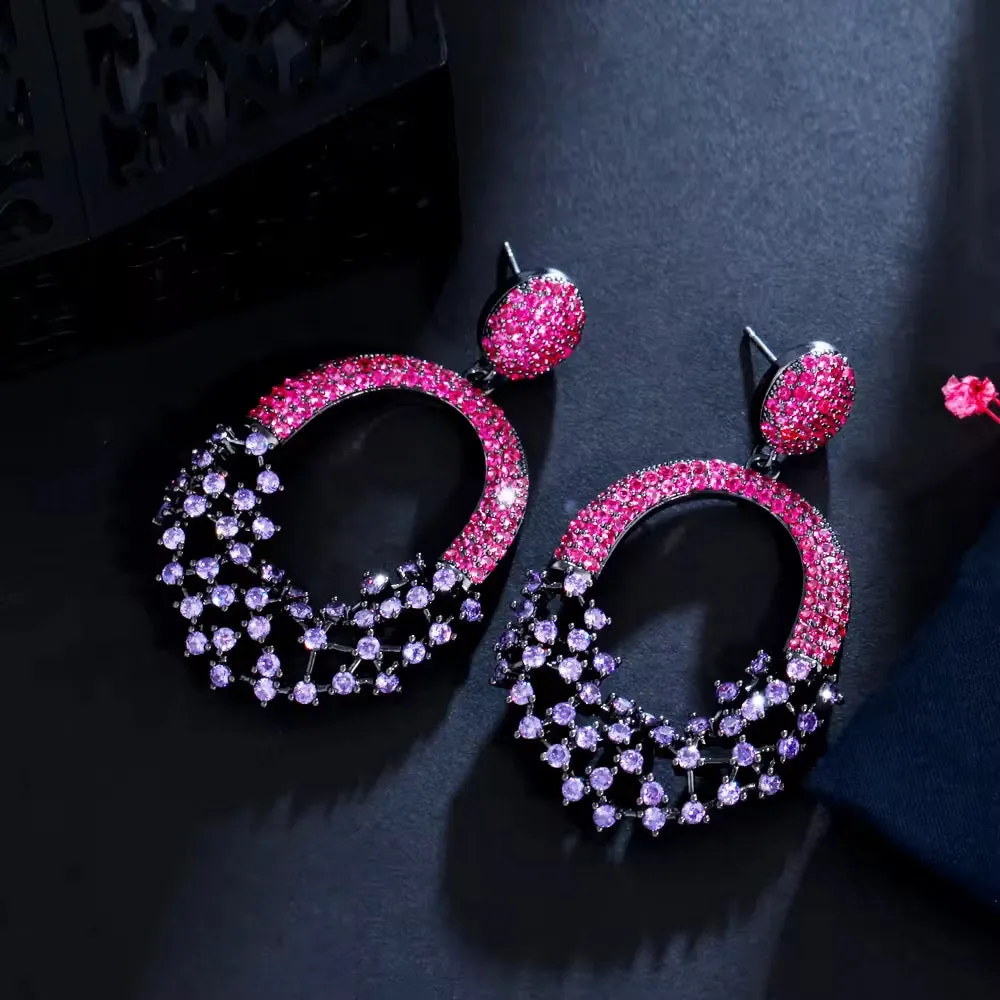 Purple Red Cubic Zirconia Crystal Big Dangle Earrings For Women/Girls