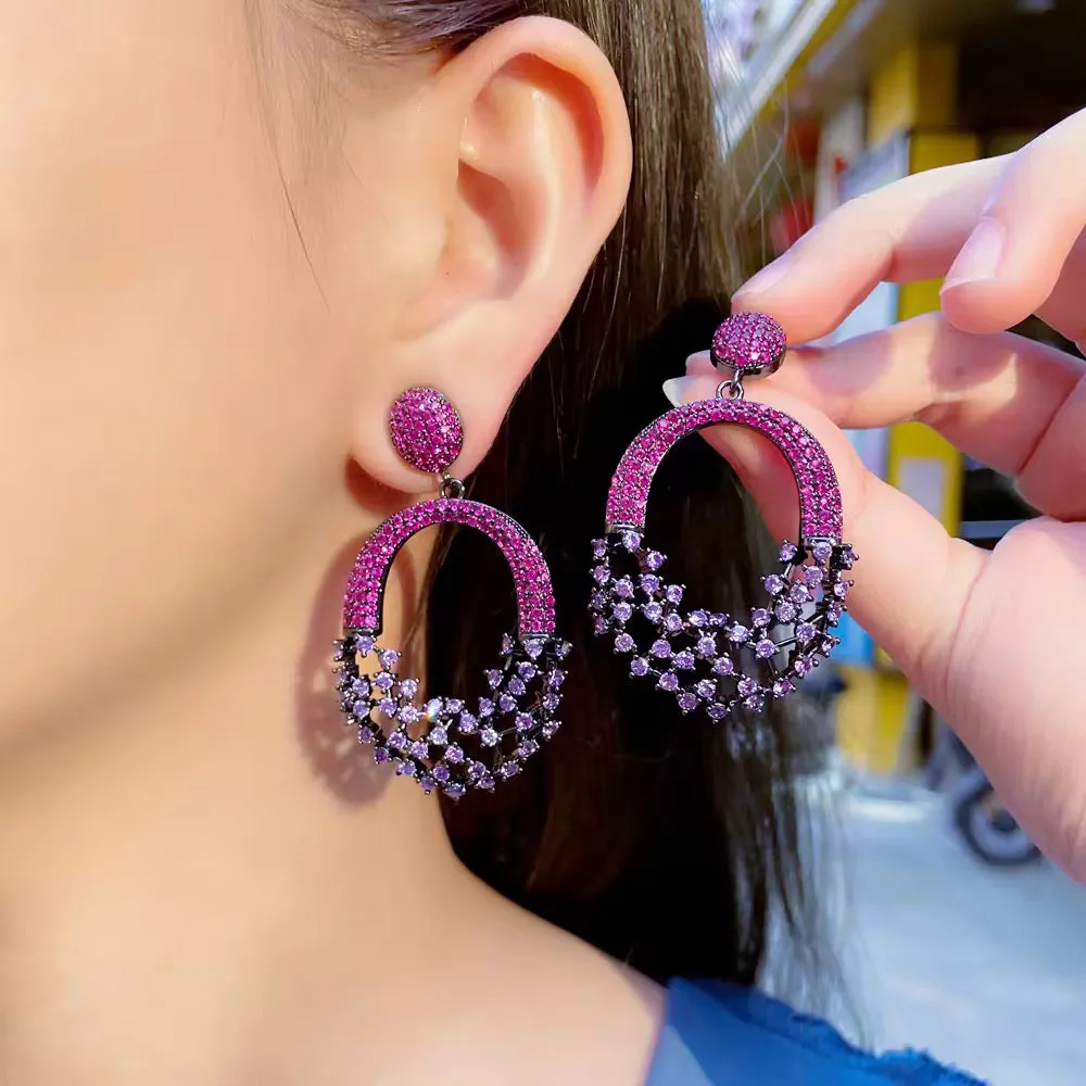 Purple Red Cubic Zirconia Crystal Big Dangle Earrings For Women/Girls