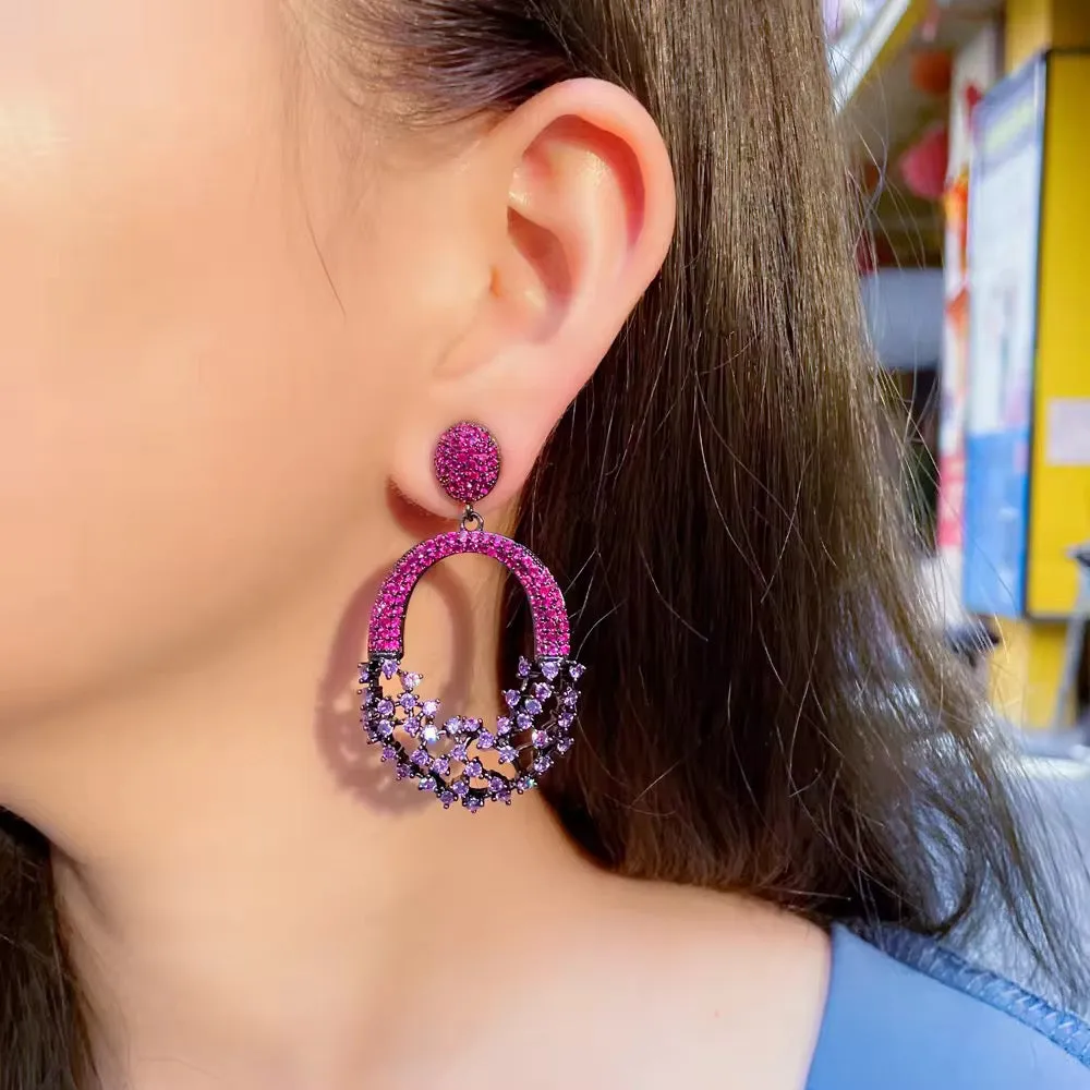Purple Red Cubic Zirconia Crystal Big Dangle Earrings For Women/Girls