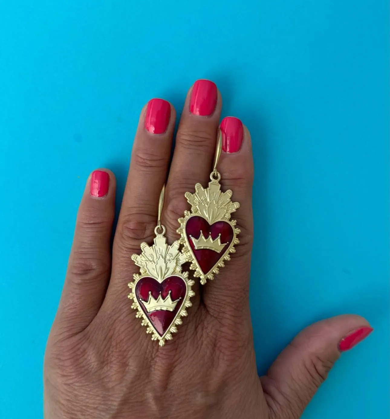 Red sacred heart earrings gold tone earrings ,trending Italian jewelry for woman gift.
