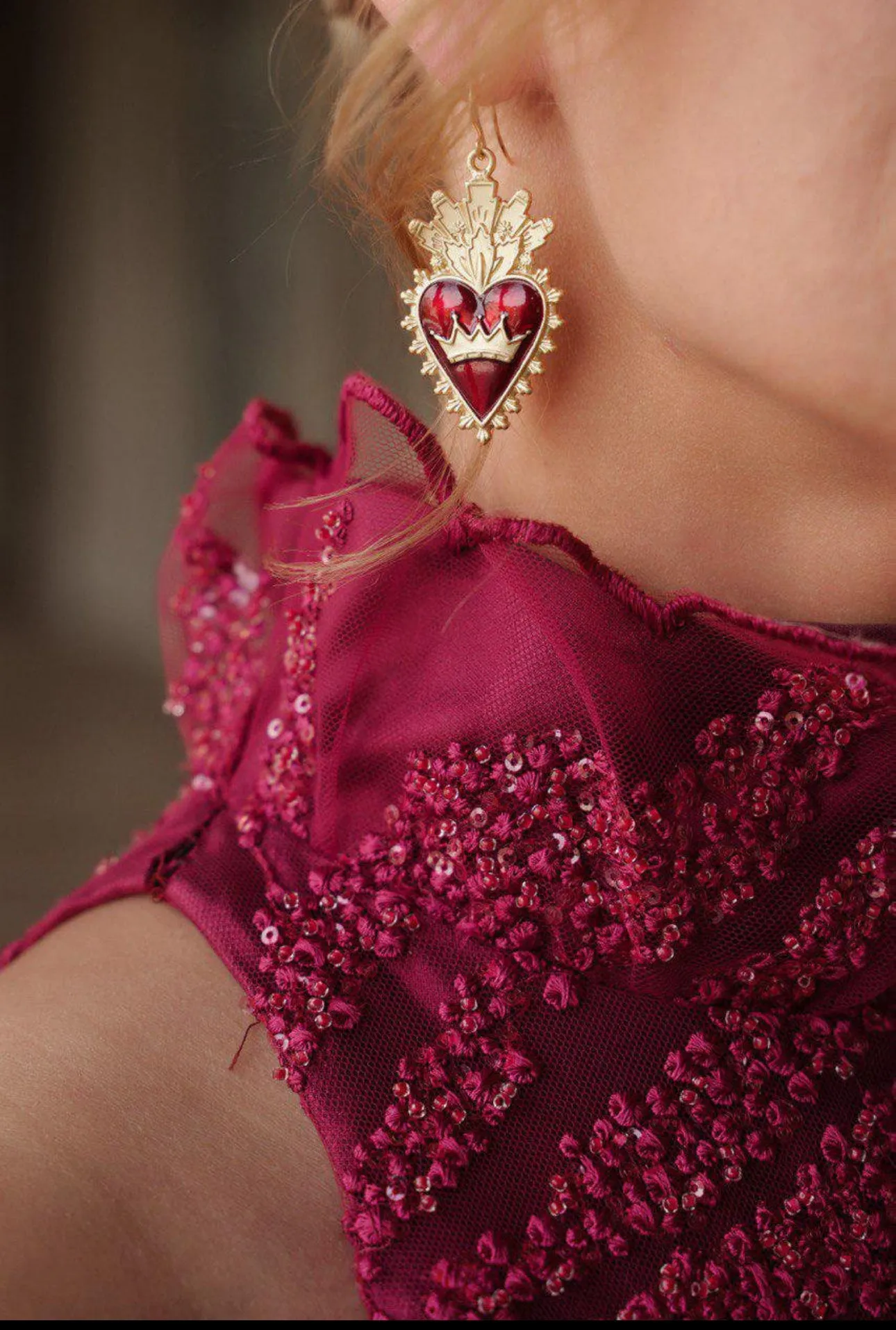 Red sacred heart earrings gold tone earrings ,trending Italian jewelry for woman gift.