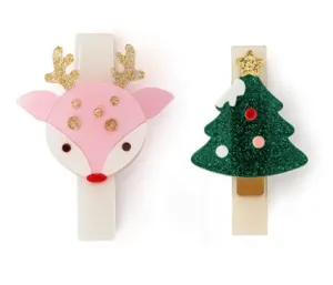 Reindeer Pink and Tree Hair Clips Set of 2