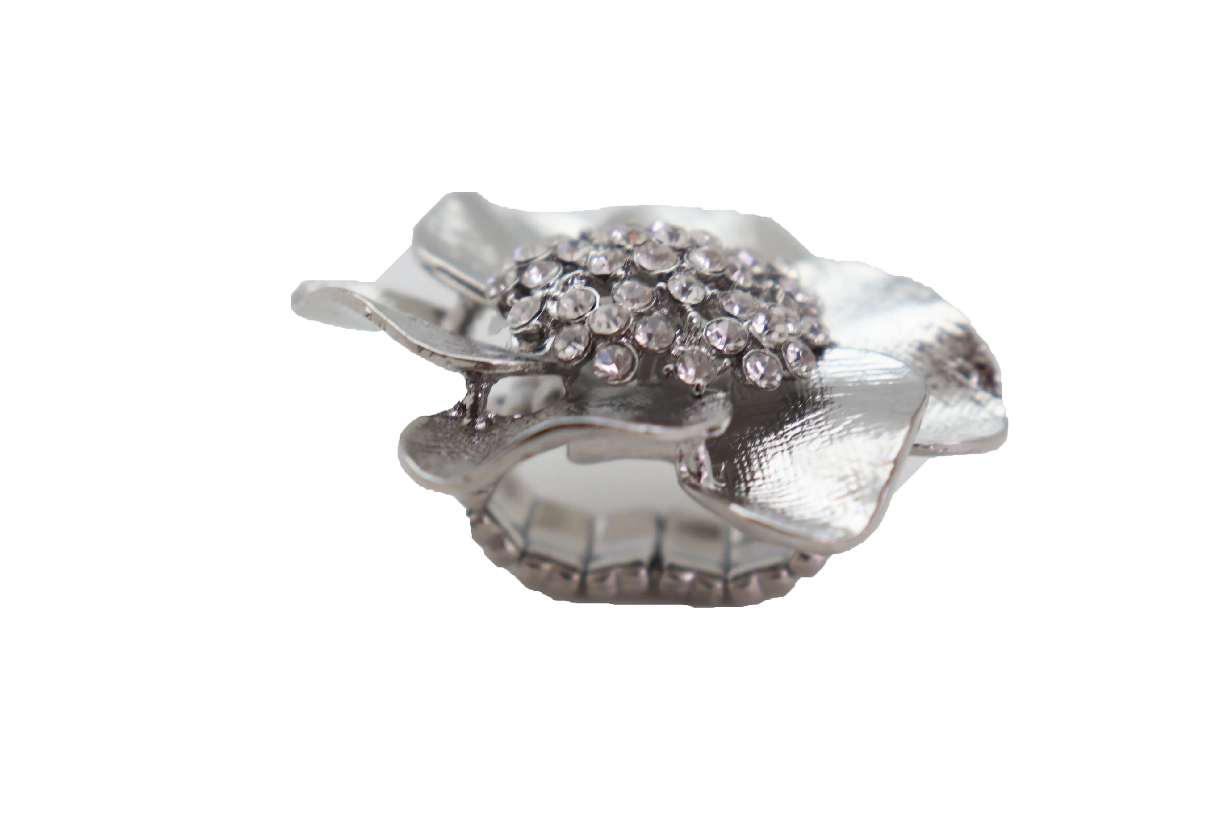 Ring Shiny Silver Metal Elastic Band Fashion Casual Bling Flower Rose Leaf