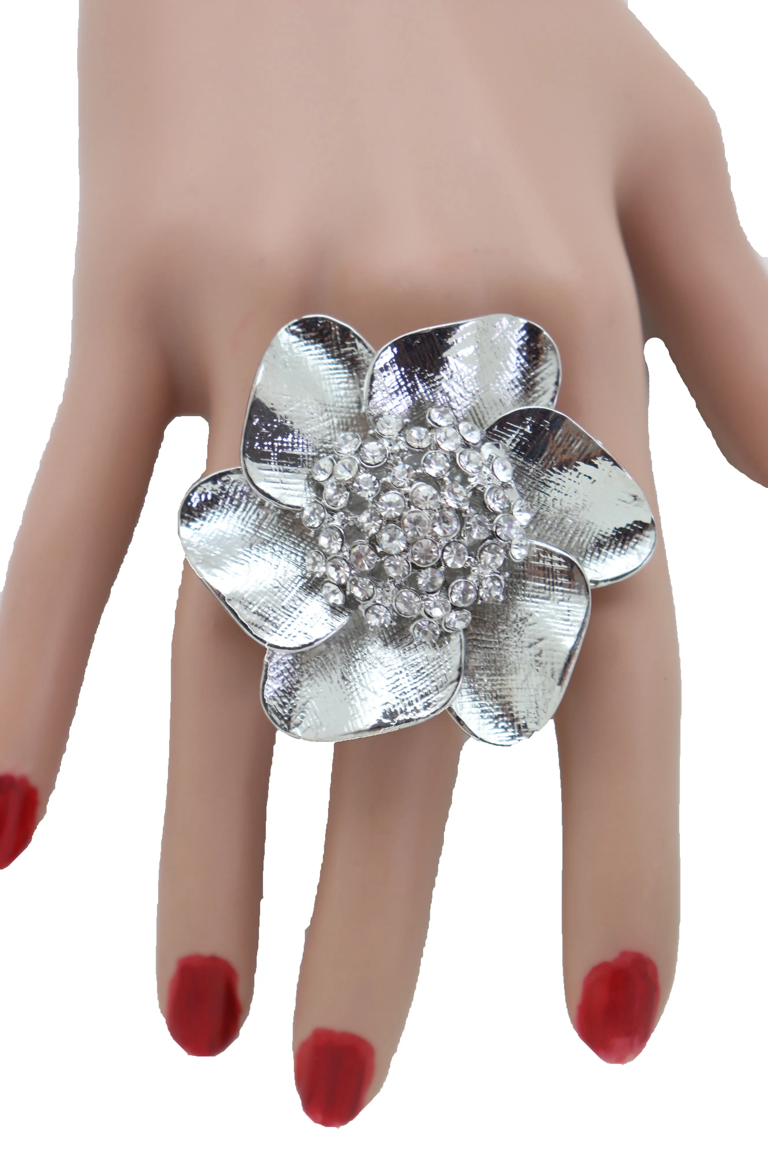 Ring Shiny Silver Metal Elastic Band Fashion Casual Bling Flower Rose Leaf