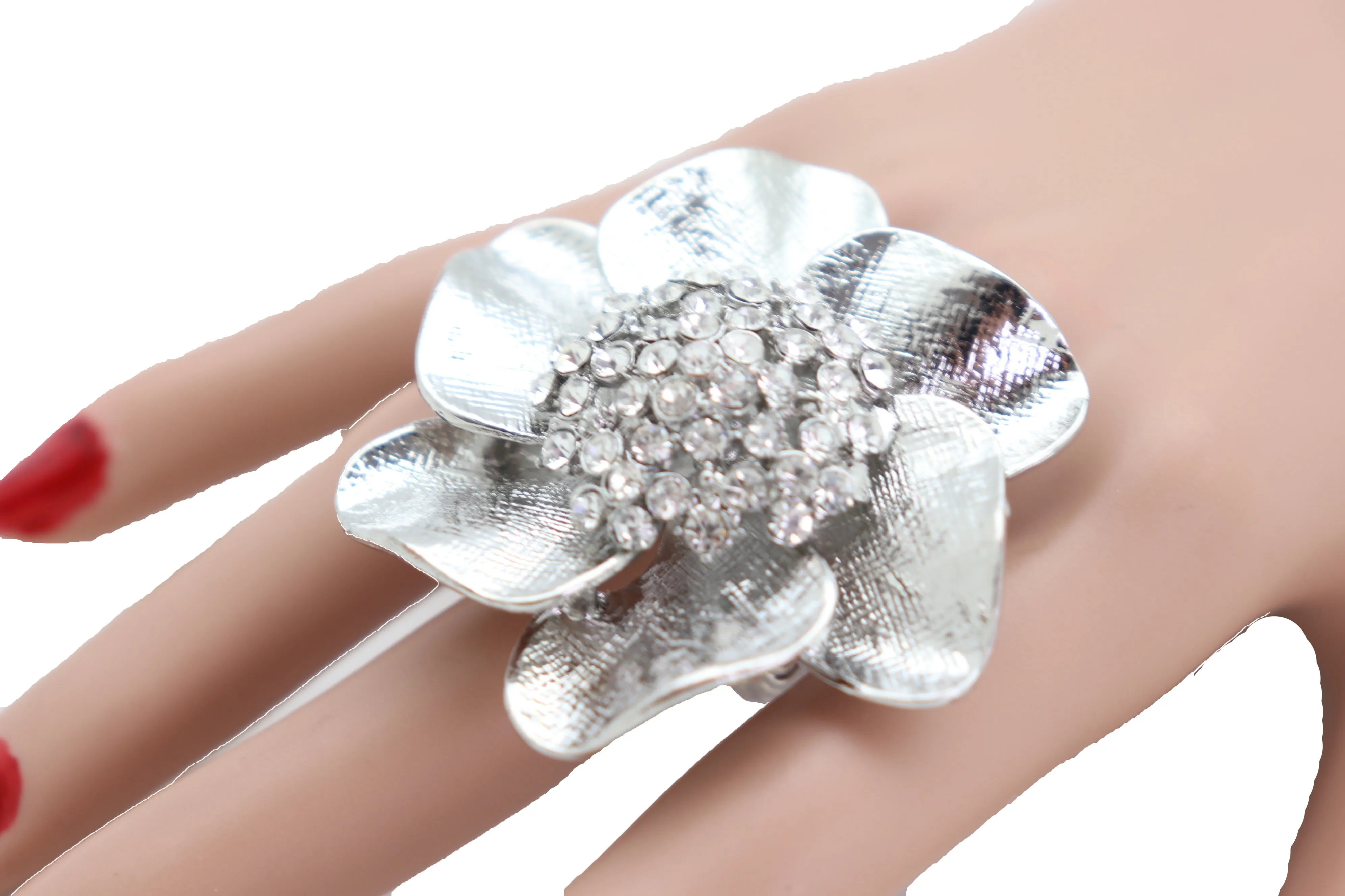 Ring Shiny Silver Metal Elastic Band Fashion Casual Bling Flower Rose Leaf