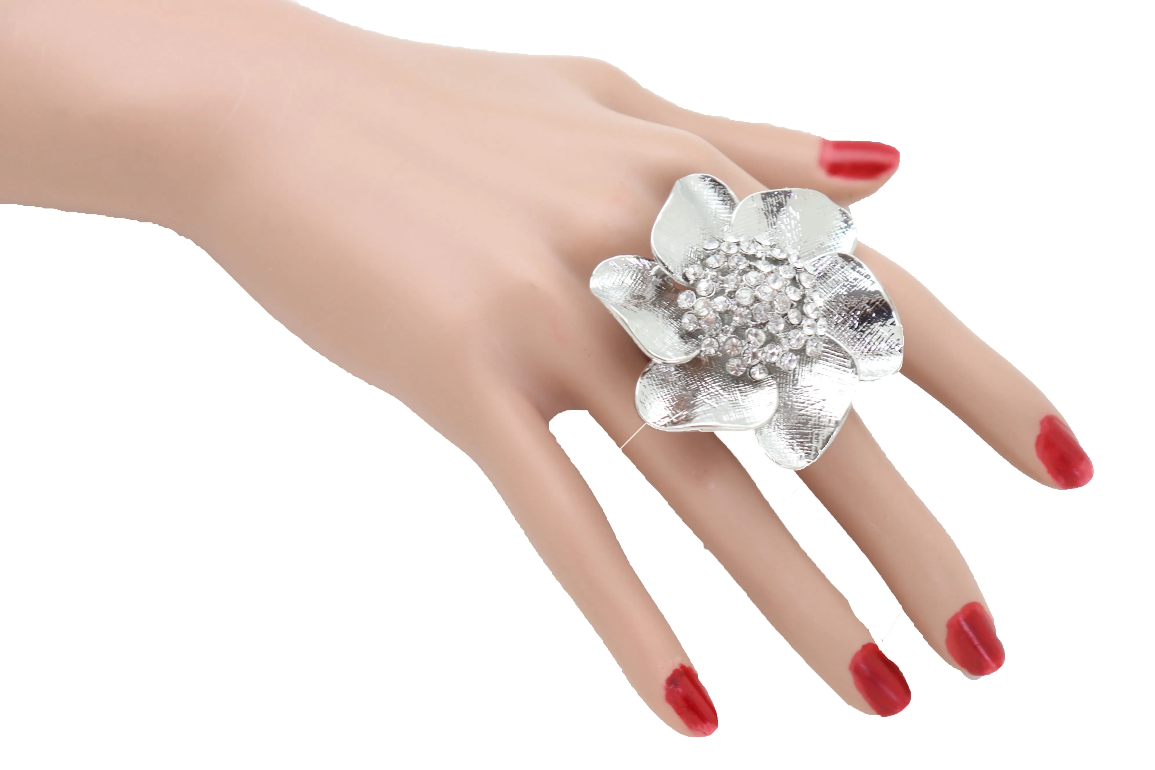 Ring Shiny Silver Metal Elastic Band Fashion Casual Bling Flower Rose Leaf