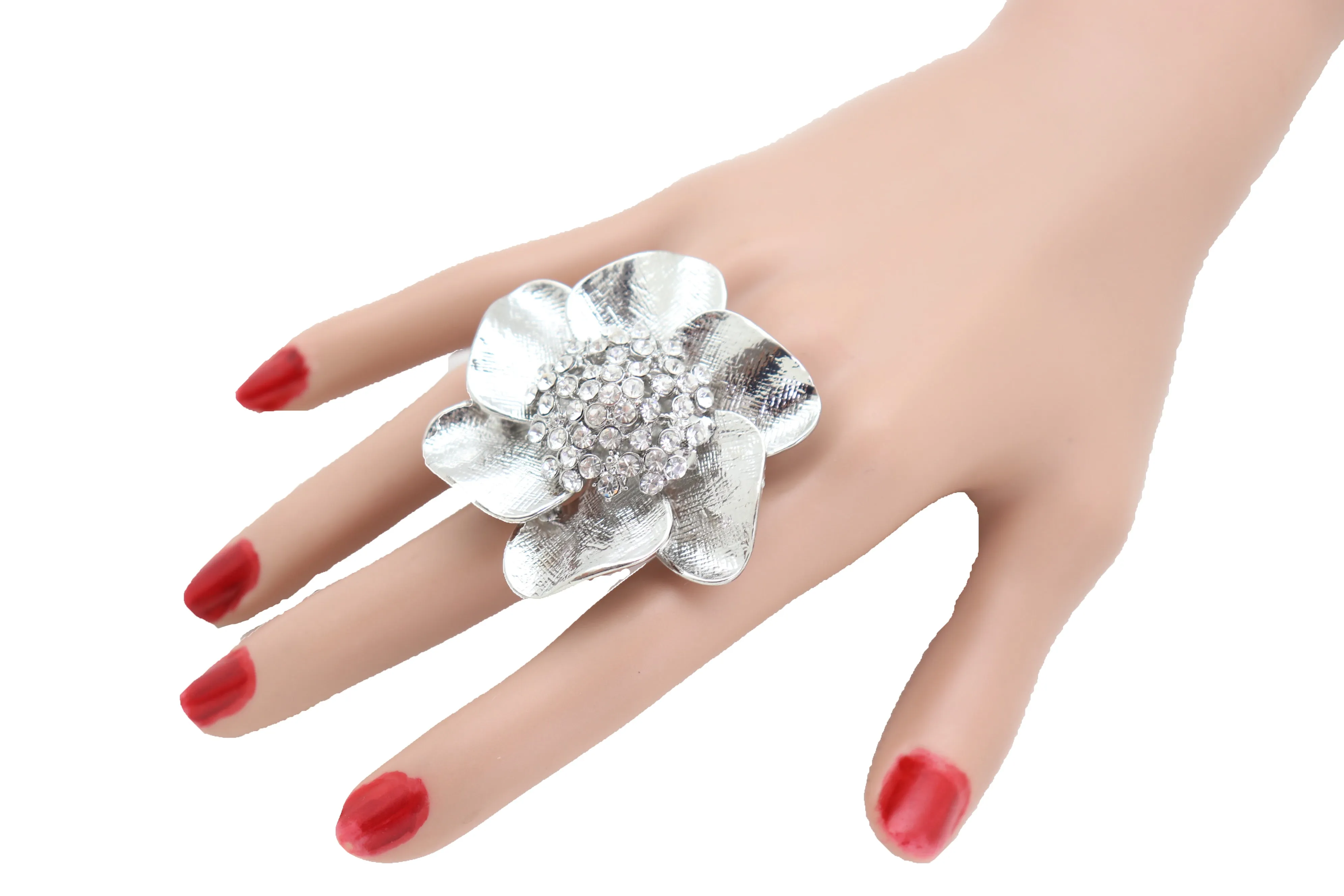 Ring Shiny Silver Metal Elastic Band Fashion Casual Bling Flower Rose Leaf