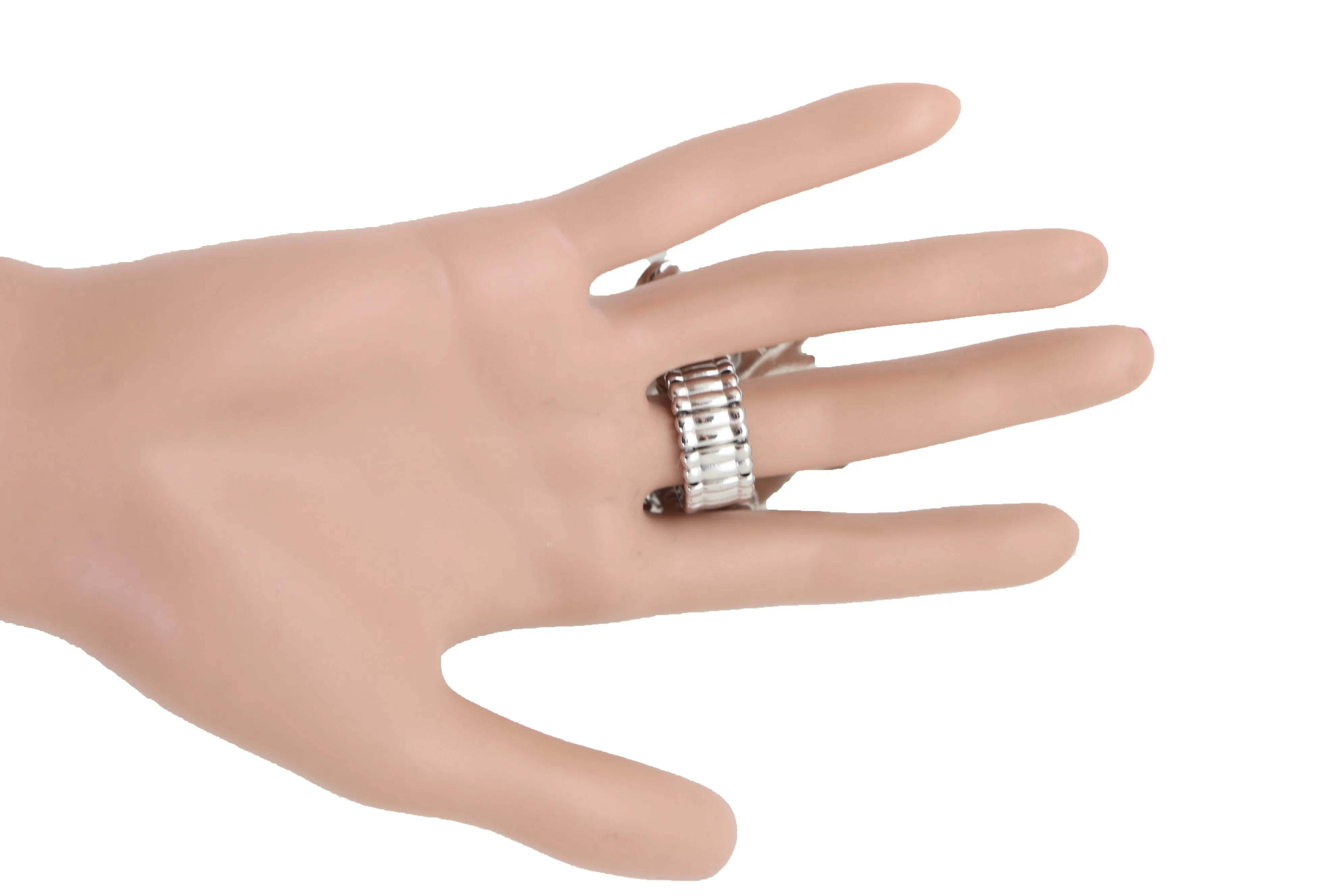 Ring Shiny Silver Metal Elastic Band Fashion Casual Bling Flower Rose Leaf