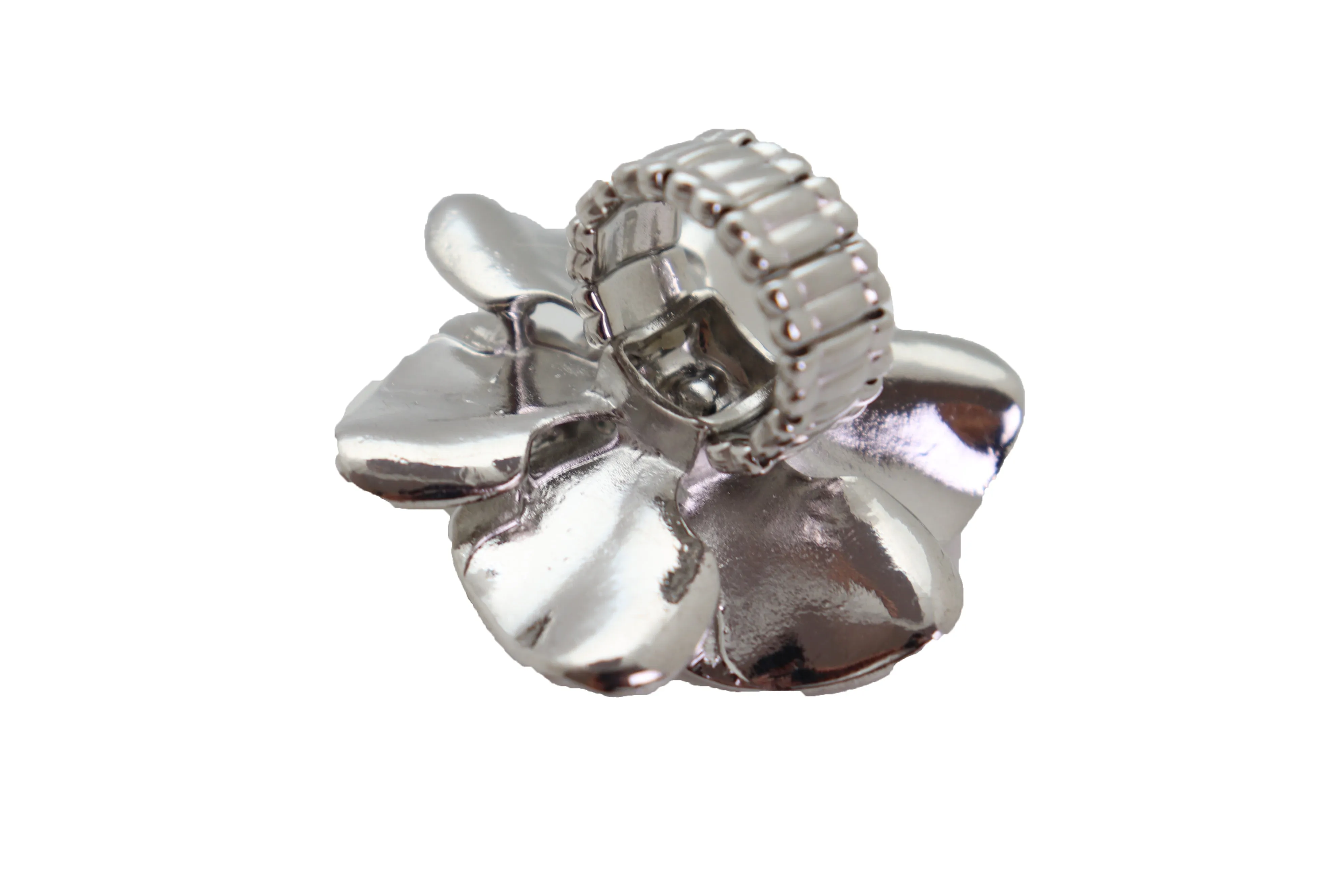 Ring Shiny Silver Metal Elastic Band Fashion Casual Bling Flower Rose Leaf