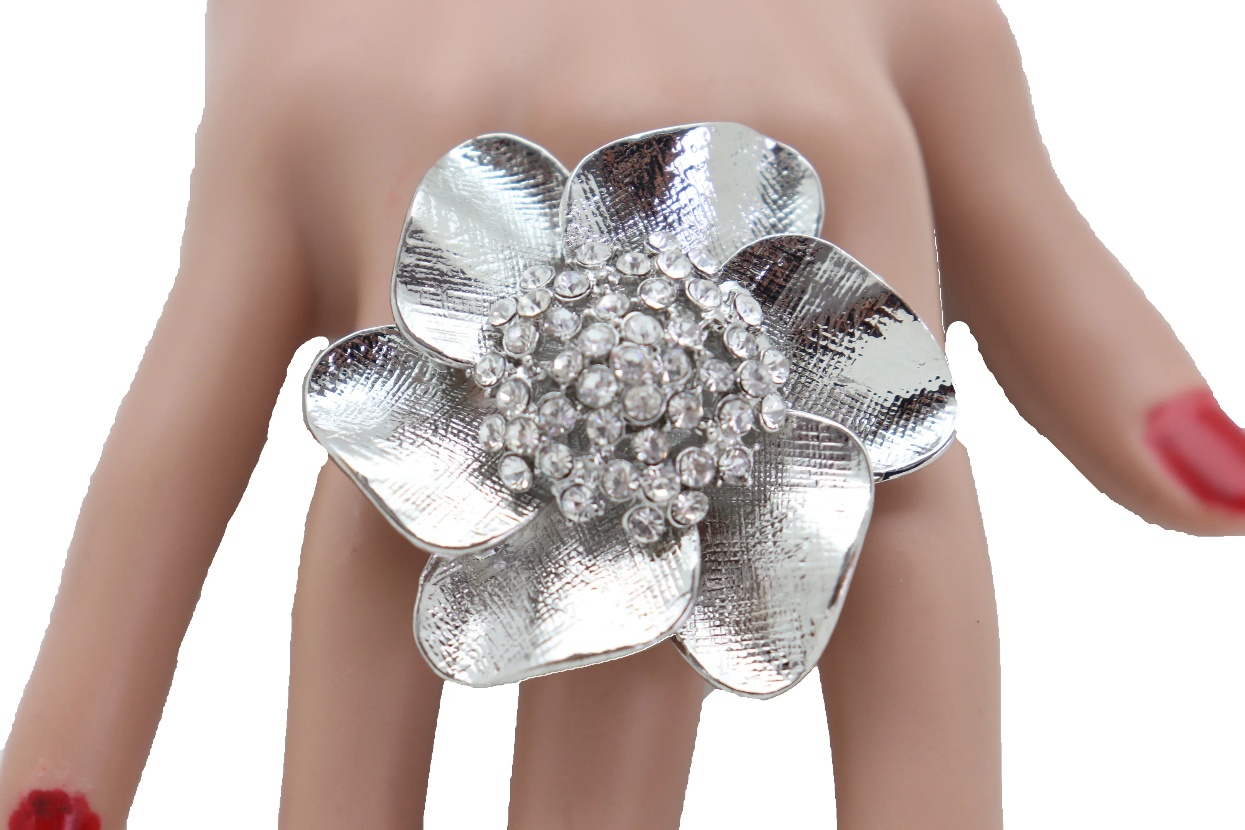 Ring Shiny Silver Metal Elastic Band Fashion Casual Bling Flower Rose Leaf