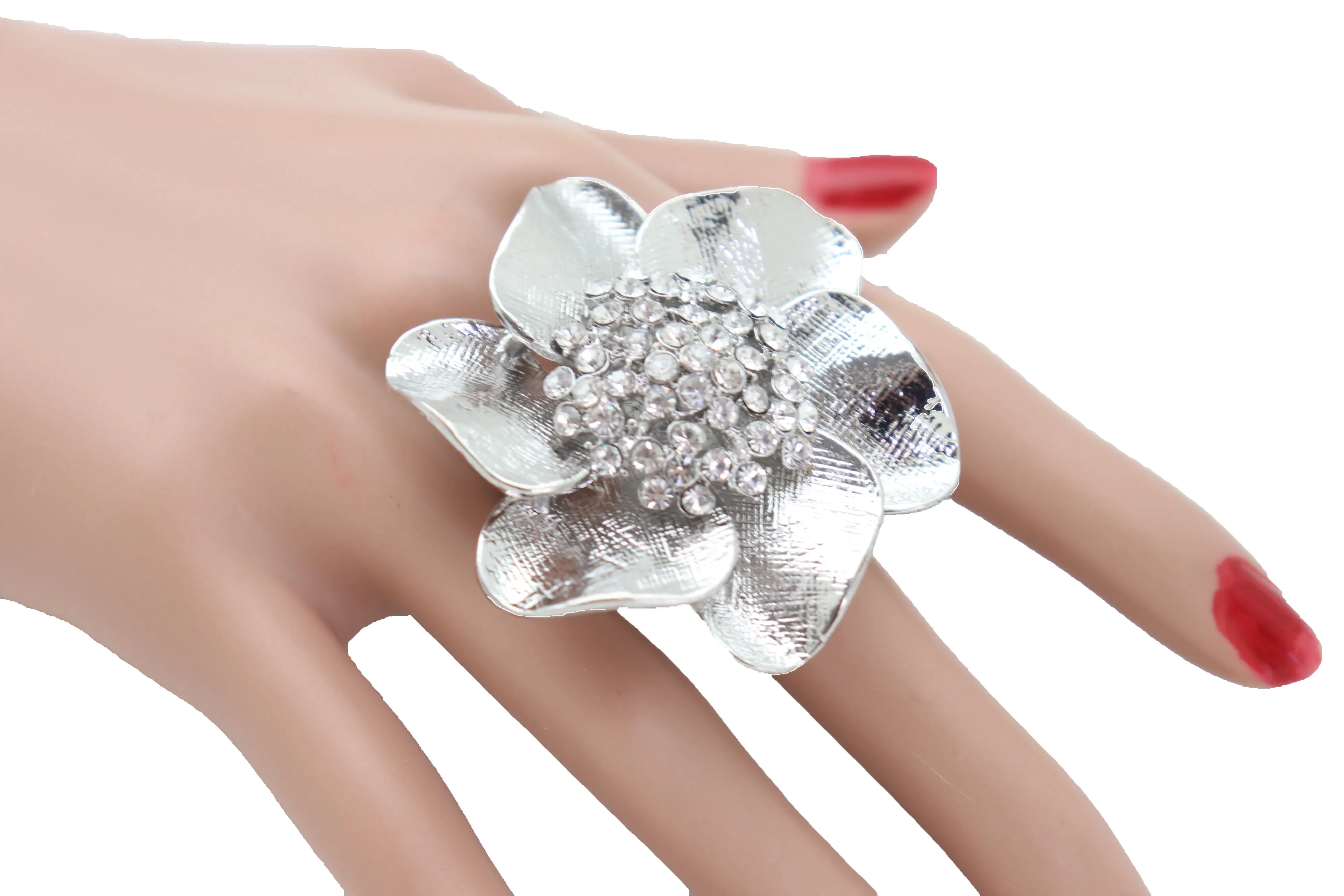 Ring Shiny Silver Metal Elastic Band Fashion Casual Bling Flower Rose Leaf