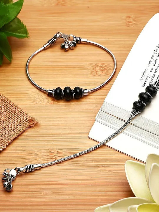 Set Of 2 Silver-Toned & Stone Beaded Oxidized Anklets