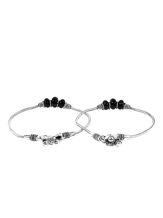 Set Of 2 Silver-Toned & Stone Beaded Oxidized Anklets