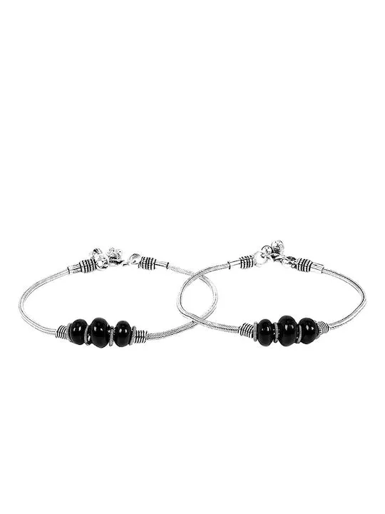 Set Of 2 Silver-Toned & Stone Beaded Oxidized Anklets