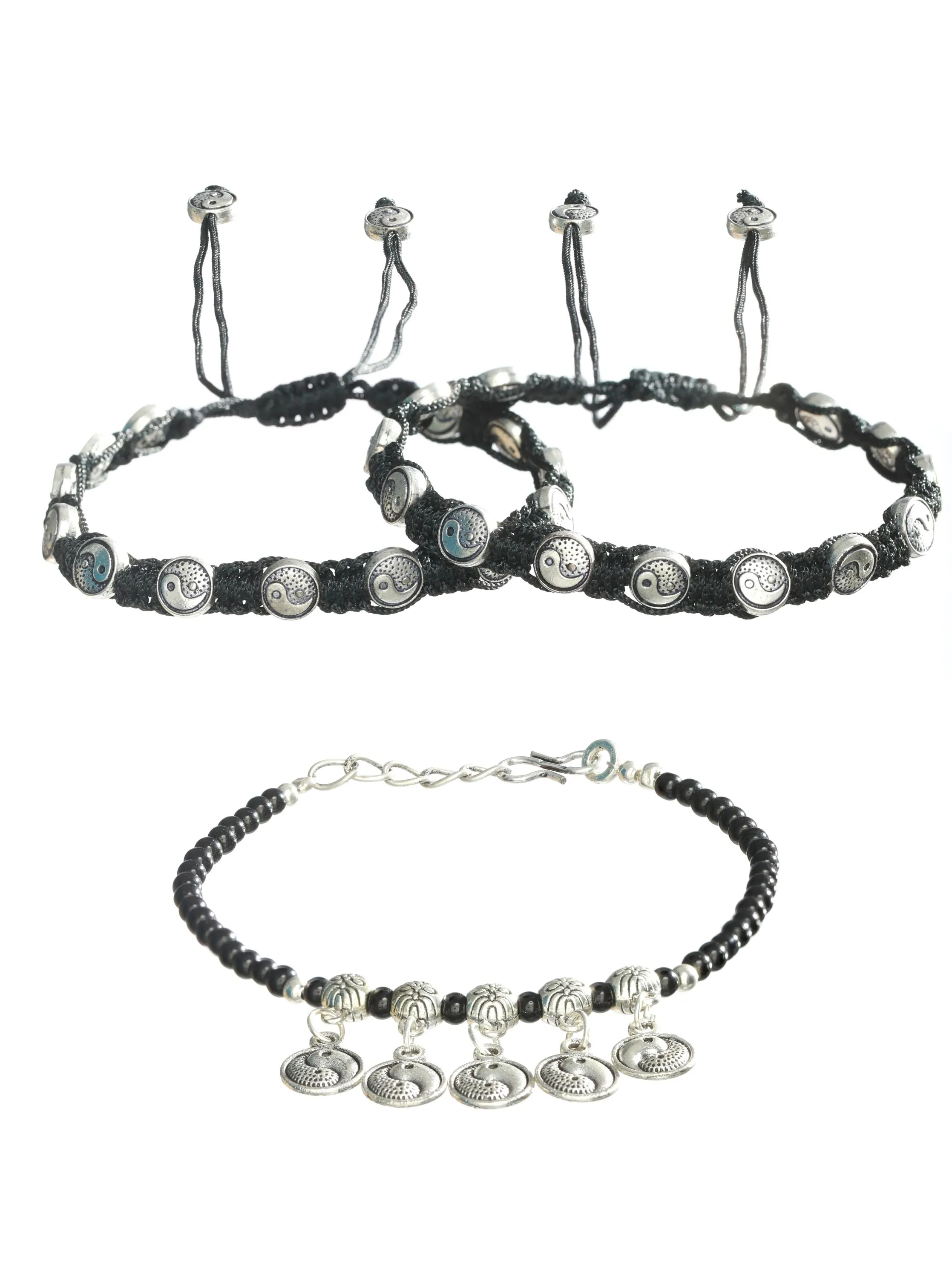 Set Of 3 Silver-Toned & Black Beaded Tribal Thread Anklets/Bracelet