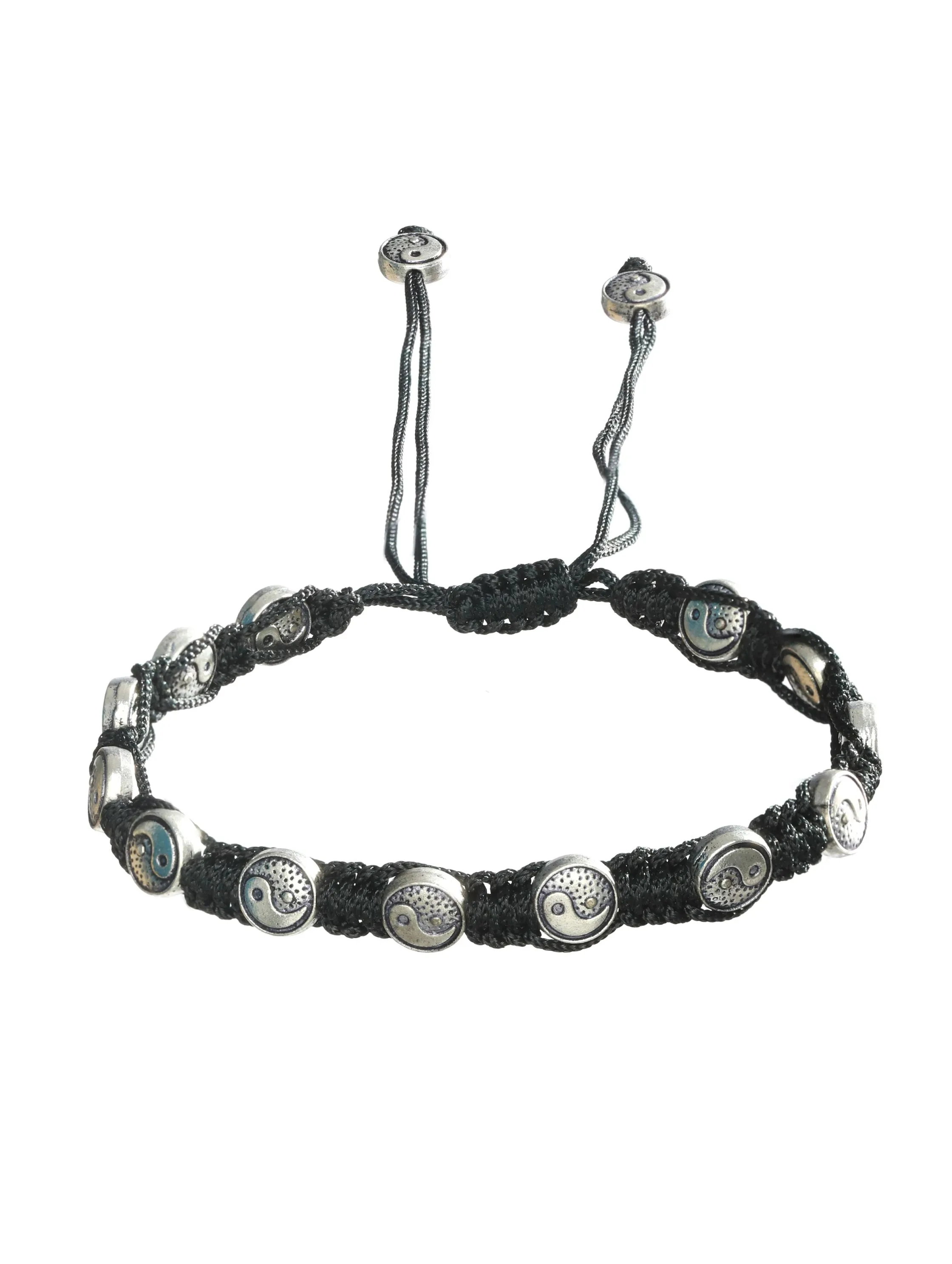 Set Of 3 Silver-Toned & Black Beaded Tribal Thread Anklets/Bracelet