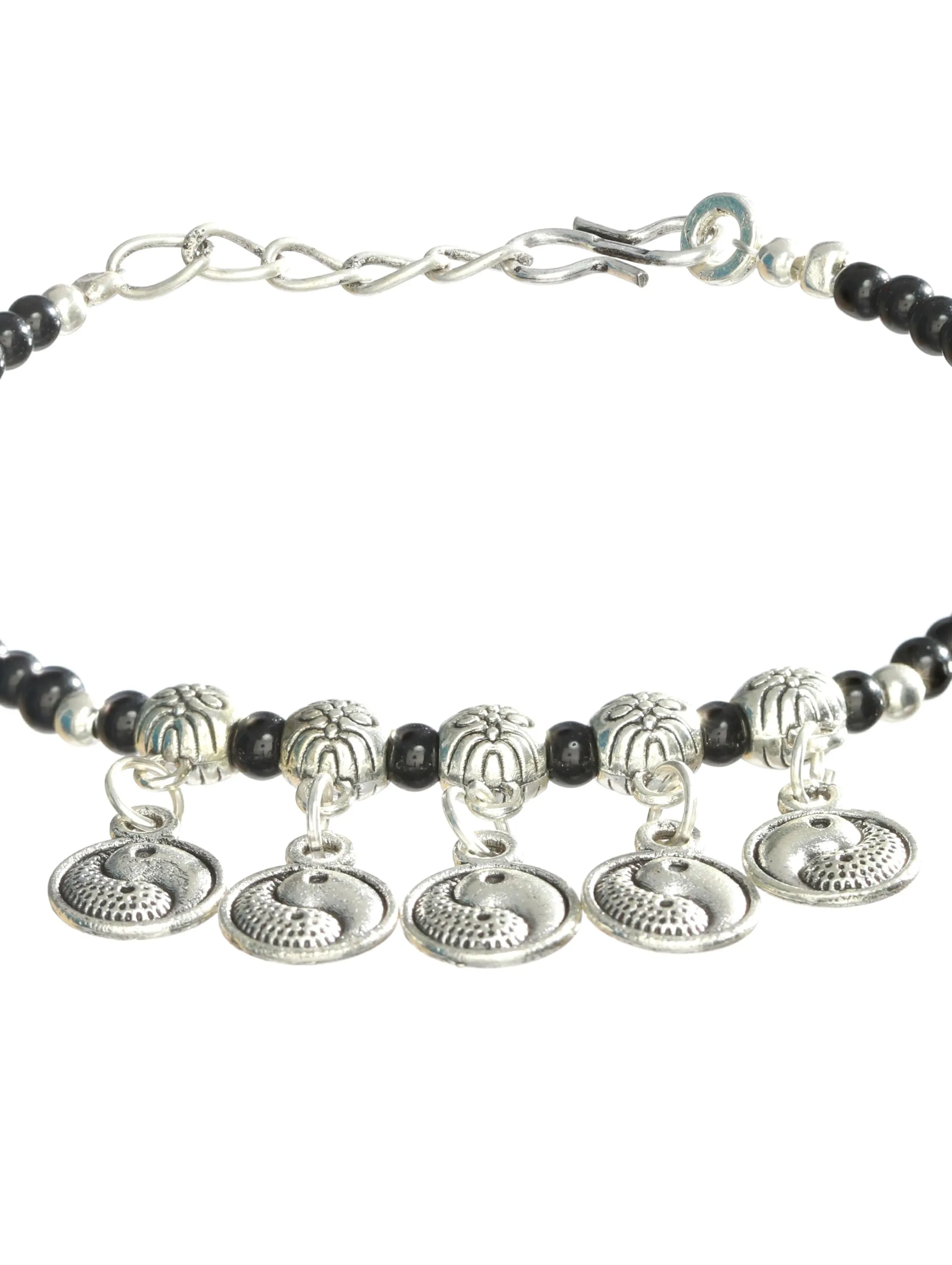 Set Of 3 Silver-Toned & Black Beaded Tribal Thread Anklets/Bracelet