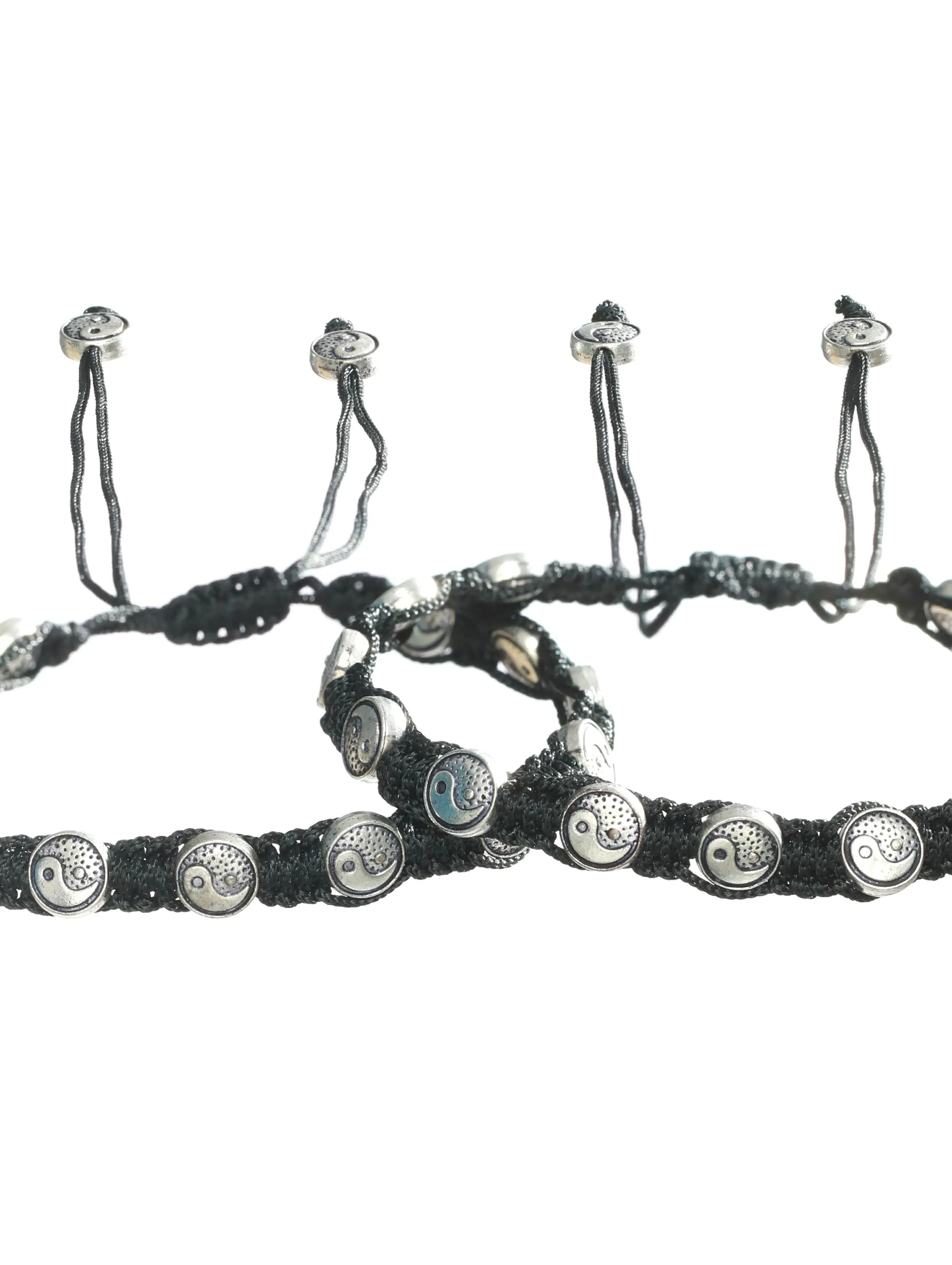 Set Of 3 Silver-Toned & Black Beaded Tribal Thread Anklets/Bracelet