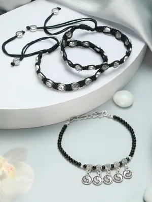 Set Of 3 Silver-Toned & Black Beaded Tribal Thread Anklets/Bracelet