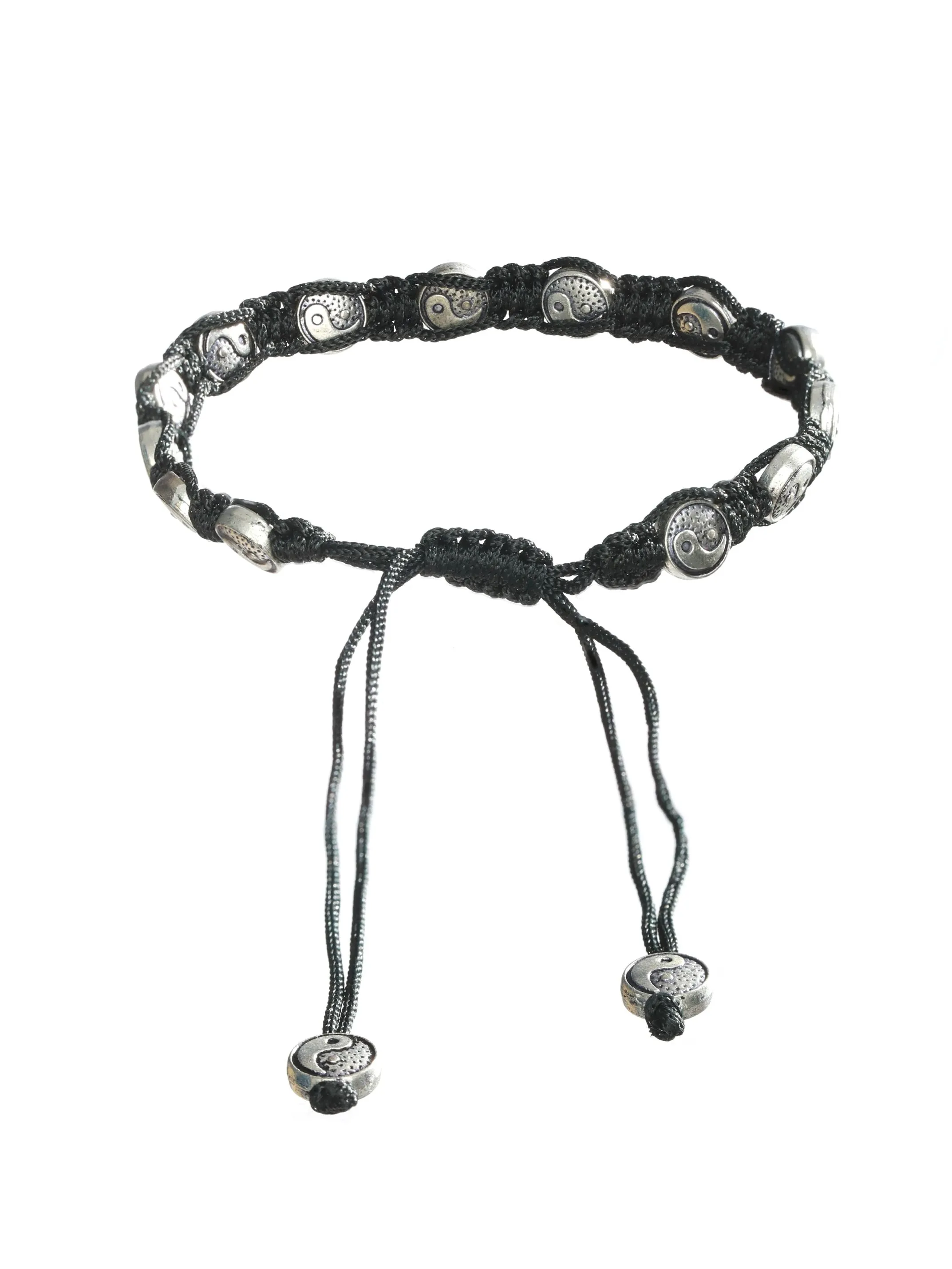 Set Of 3 Silver-Toned & Black Beaded Tribal Thread Anklets/Bracelet