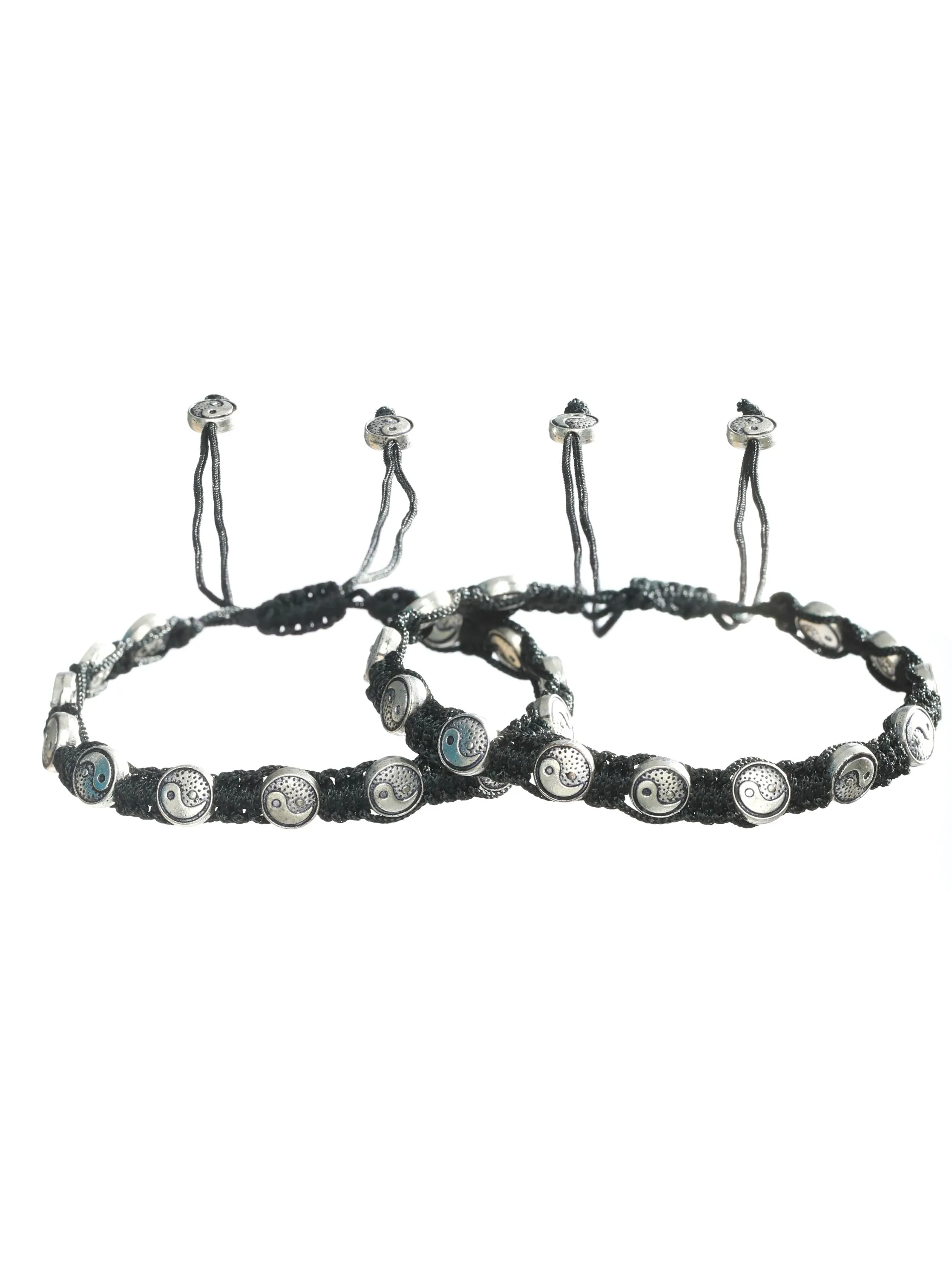 Set Of 3 Silver-Toned & Black Beaded Tribal Thread Anklets/Bracelet