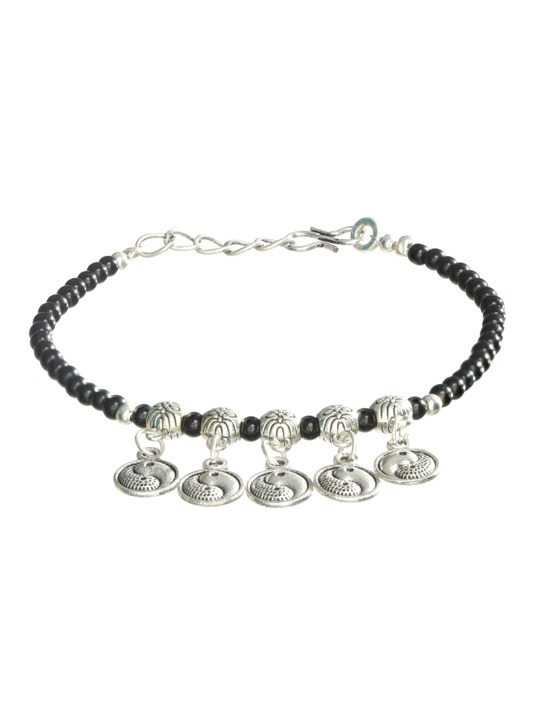 Set Of 3 Silver-Toned & Black Beaded Tribal Thread Anklets/Bracelet