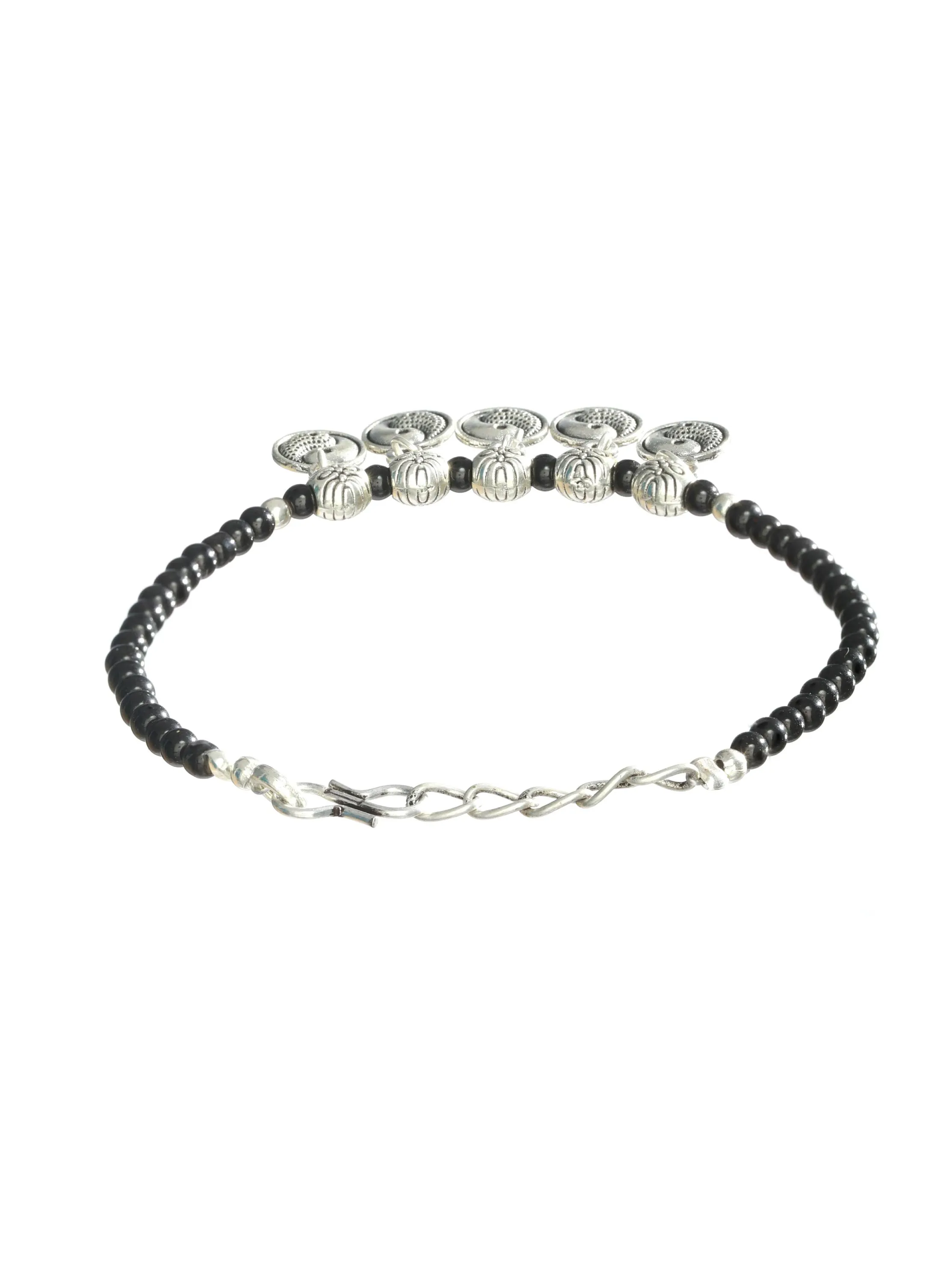 Set Of 3 Silver-Toned & Black Beaded Tribal Thread Anklets/Bracelet