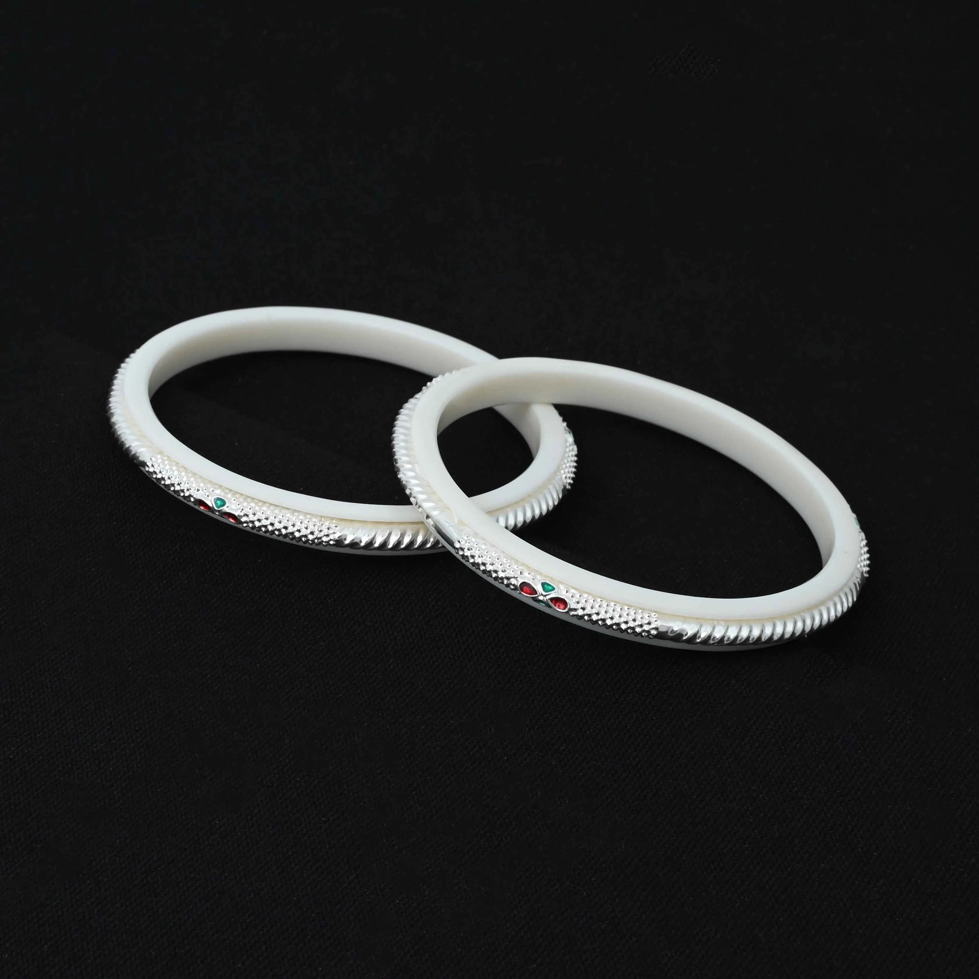 Silver Colorful Gem Stone with Basic Design White Bangle