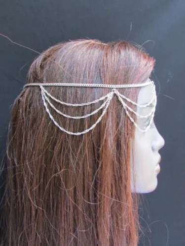 Silver Gold Metal Head Chain Multi Wave Hair Piece Cross Rhinestone