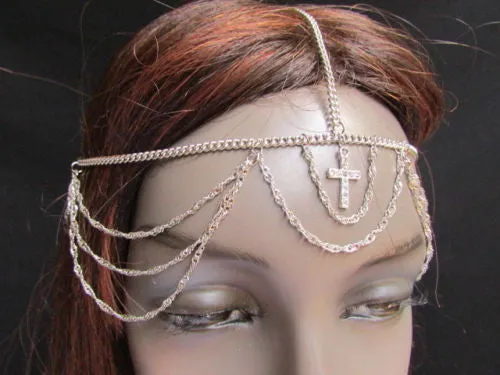 Silver Gold Metal Head Chain Multi Wave Hair Piece Cross Rhinestone