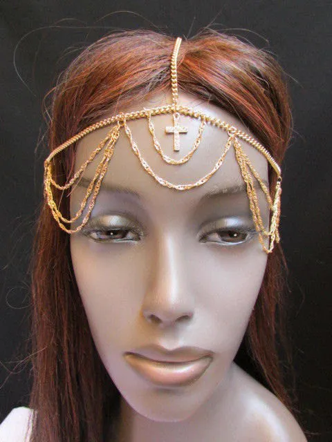 Silver Gold Metal Head Chain Multi Wave Hair Piece Cross Rhinestone