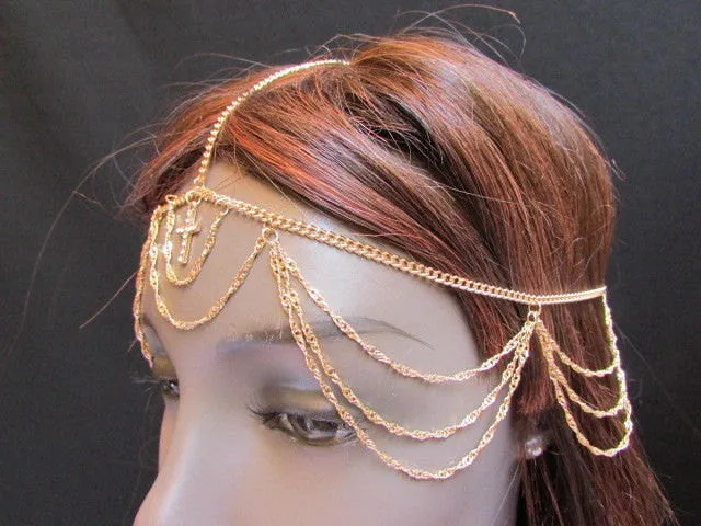 Silver Gold Metal Head Chain Multi Wave Hair Piece Cross Rhinestone