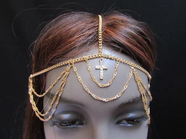 Silver Gold Metal Head Chain Multi Wave Hair Piece Cross Rhinestone
