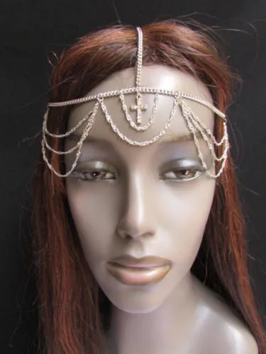Silver Gold Metal Head Chain Multi Wave Hair Piece Cross Rhinestone