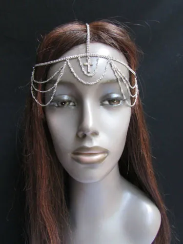 Silver Gold Metal Head Chain Multi Wave Hair Piece Cross Rhinestone