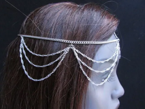 Silver Gold Metal Head Chain Multi Wave Hair Piece Cross Rhinestone