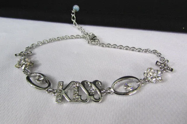 Silver Metal Boot Chains Bracelet Anklet Foot KISS Pendant Charm Chunky Rhinestones