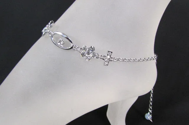 Silver Metal Boot Chains Bracelet Anklet Foot KISS Pendant Charm Chunky Rhinestones