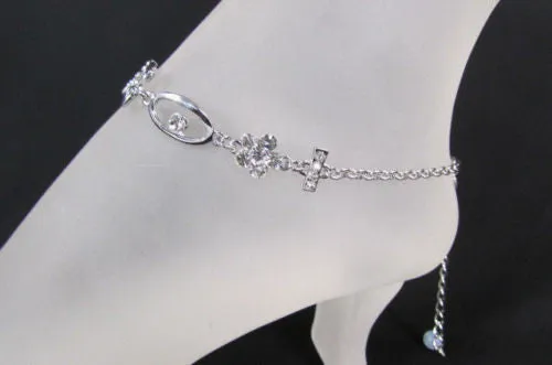 Silver Metal Boot Chains Bracelet Anklet Foot KISS Pendant Charm Chunky Rhinestones