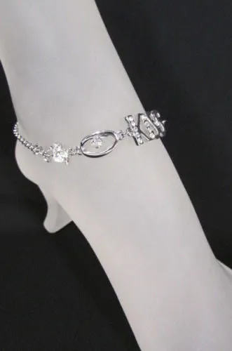 Silver Metal Boot Chains Bracelet Anklet Foot KISS Pendant Charm Chunky Rhinestones
