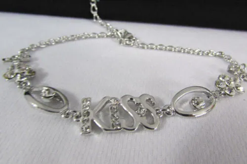 Silver Metal Boot Chains Bracelet Anklet Foot KISS Pendant Charm Chunky Rhinestones