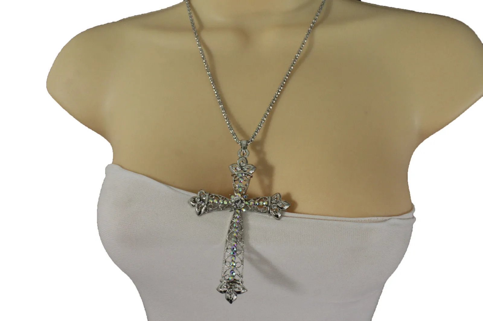 Silver Metal Chain Large Cross Bless Rhinestones Pendant Necklace